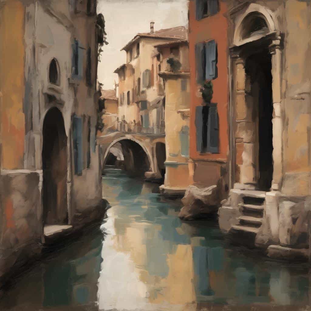 Γωνιά με κανάλια και παλιά κτίρια, Βενετία, καλλιτεχνική επανάσταση, ιστορική τέχνη.