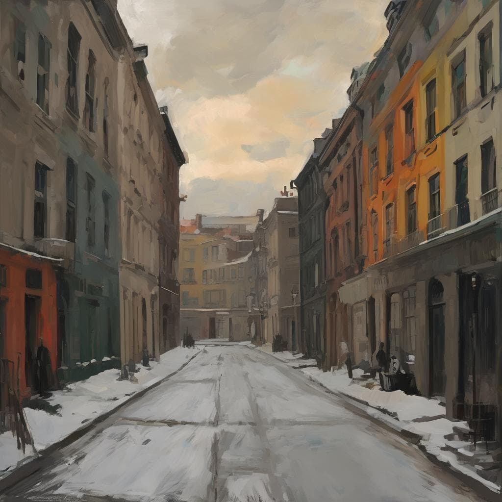 Γκαλερί με ζωγραφιά από μια παλιά ευρωπαϊκή πόλη το χειμώνα, με πολύχρωμα κτίρια και χιονισμένο δρόμο.